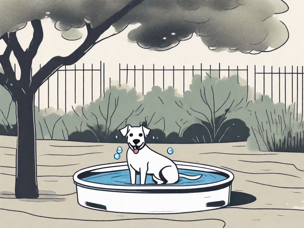 A dog happily splashing in a kiddie pool with a shady tree and a water bowl nearby