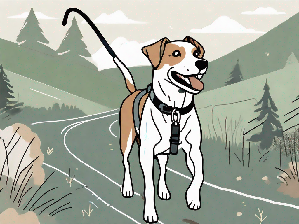 A dog happily walking with a leash on a scenic trail