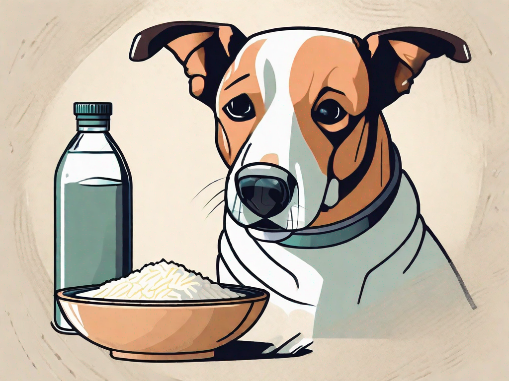 A dog sitting near a bowl of rice and a bottle of probiotics