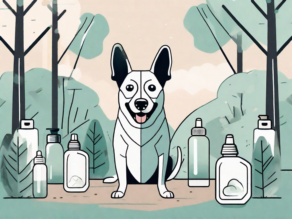 A dog happily exploring a park with masks and sanitizer bottles subtly placed in the background to symbolize the post-covid world