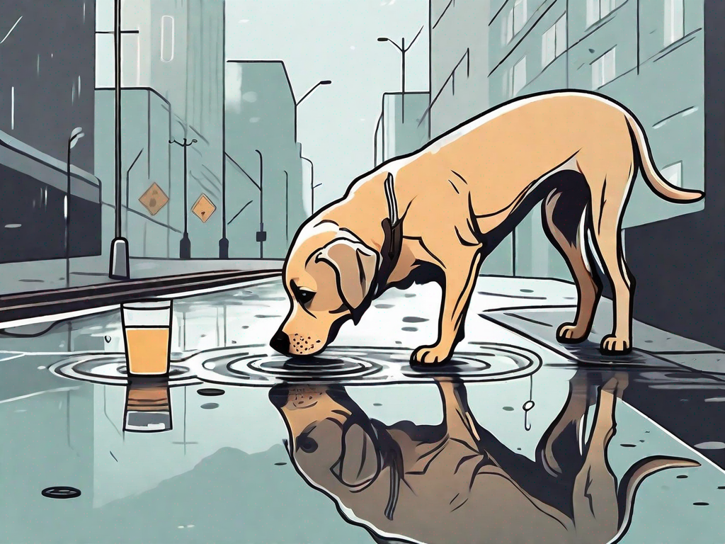 A concerned-looking dog drinking from a puddle