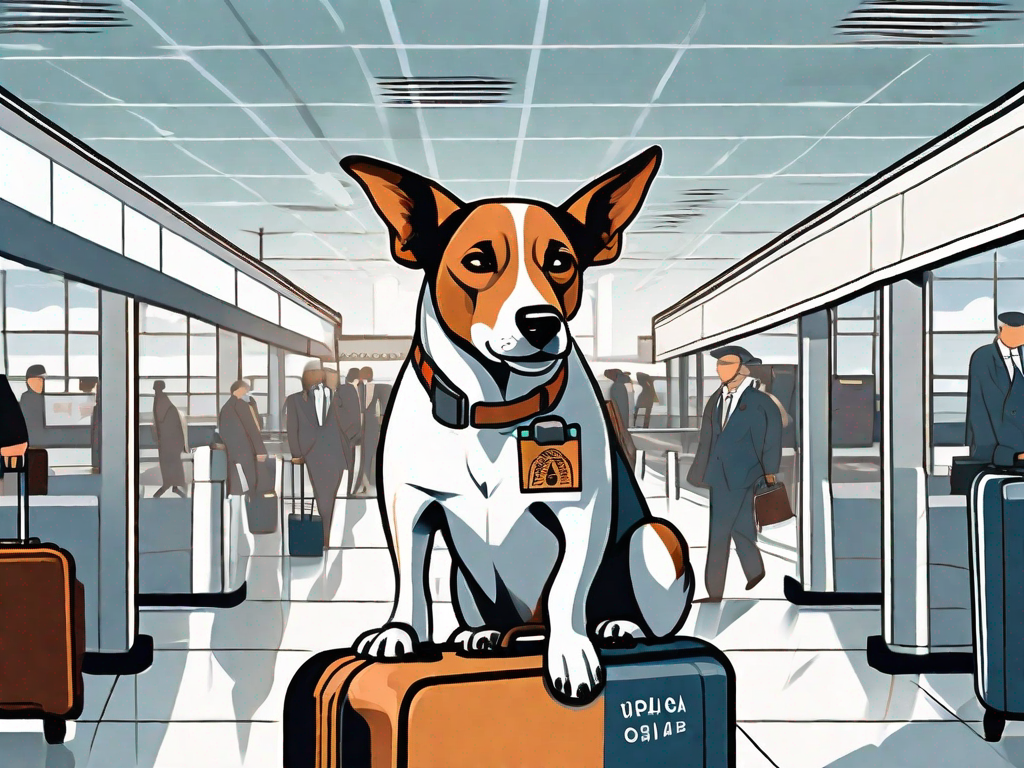 A dog carrying a suitcase and wearing a passport around its neck