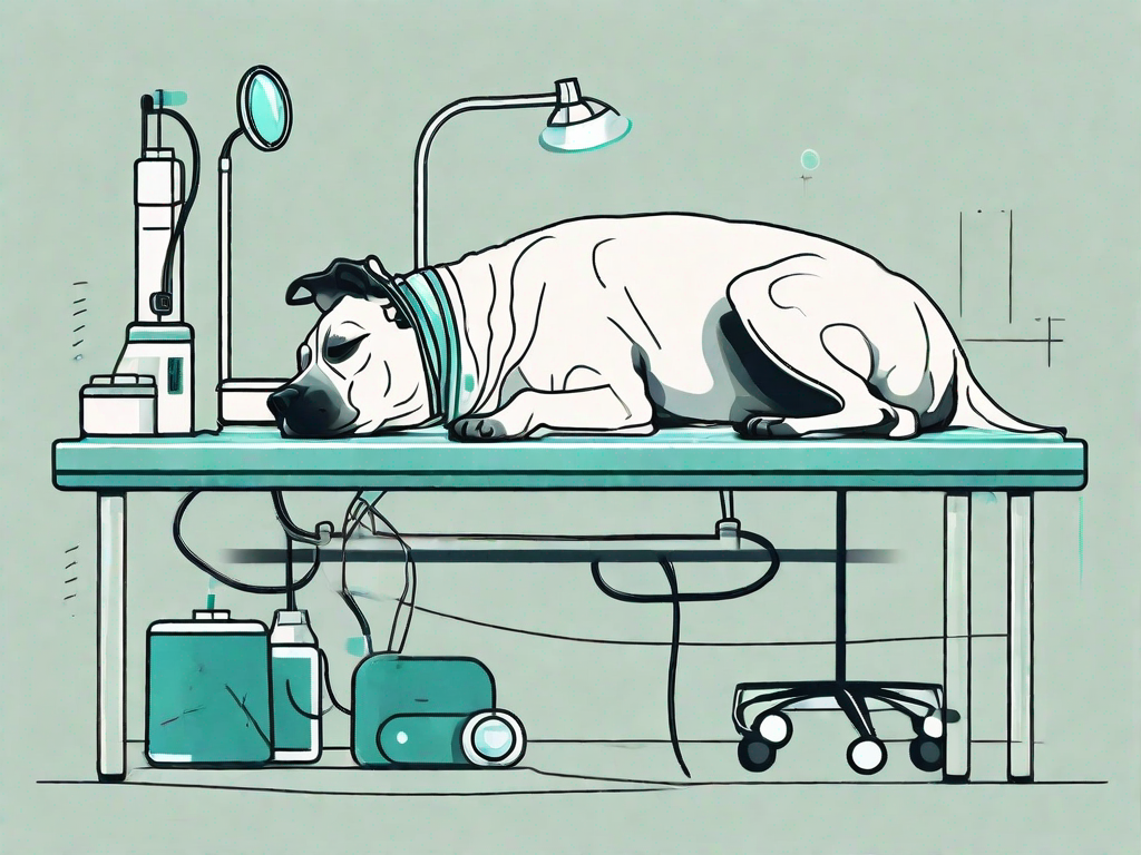 A dog lying peacefully on a vet's table with an anesthesia mask over its snout