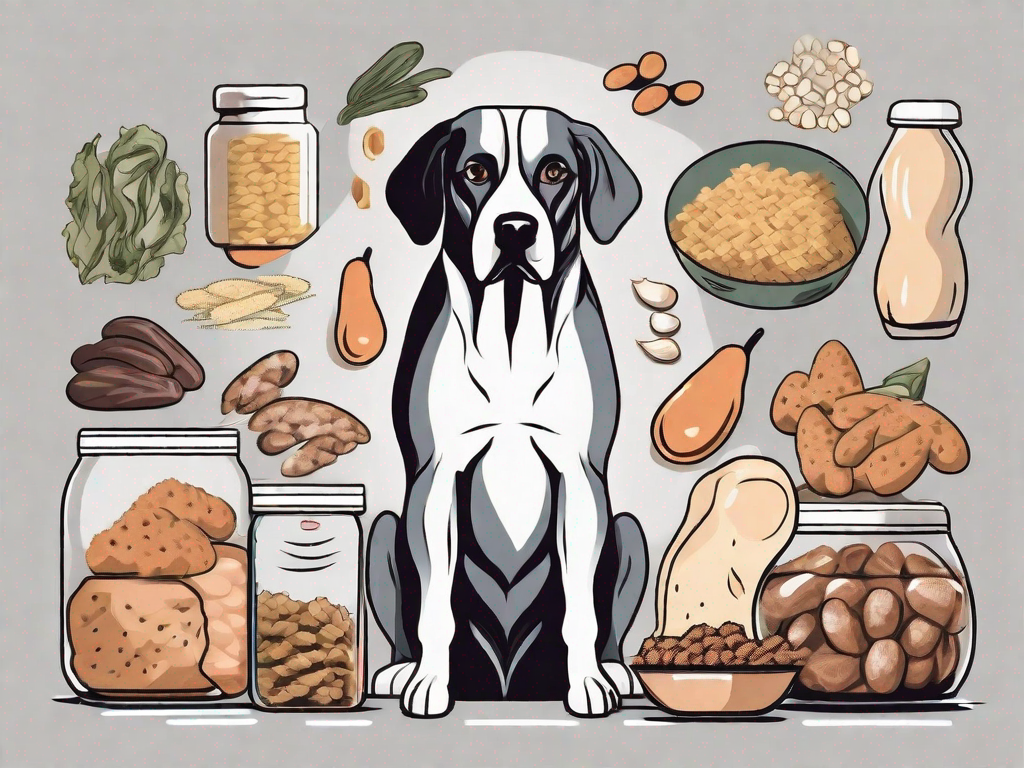 A worried-looking dog surrounded by various types of food