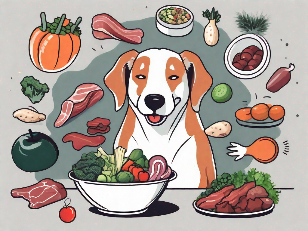 A dog happily eating from a bowl filled with various raw food items like meat