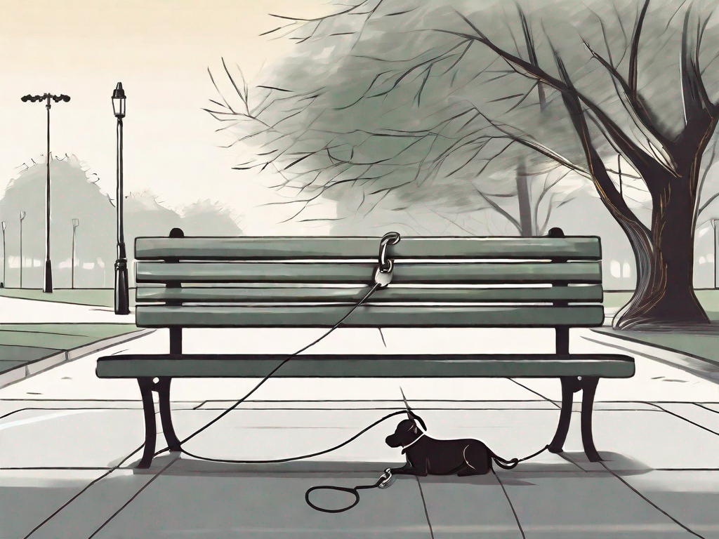 A serene landscape with a dog's collar and leash lying on a park bench