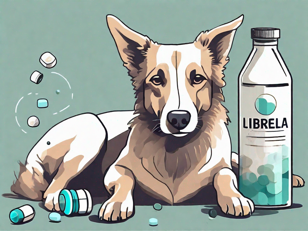 A dog in a relaxed state with a bottle of librela medication nearby
