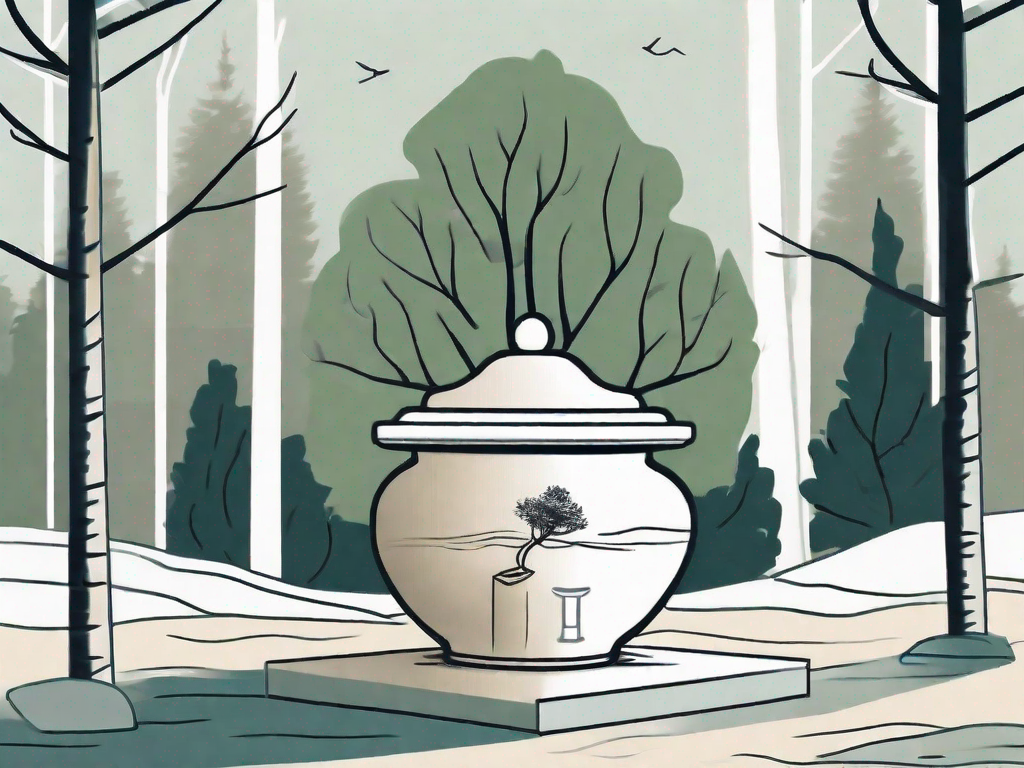A peaceful outdoor scene featuring a small pet urn