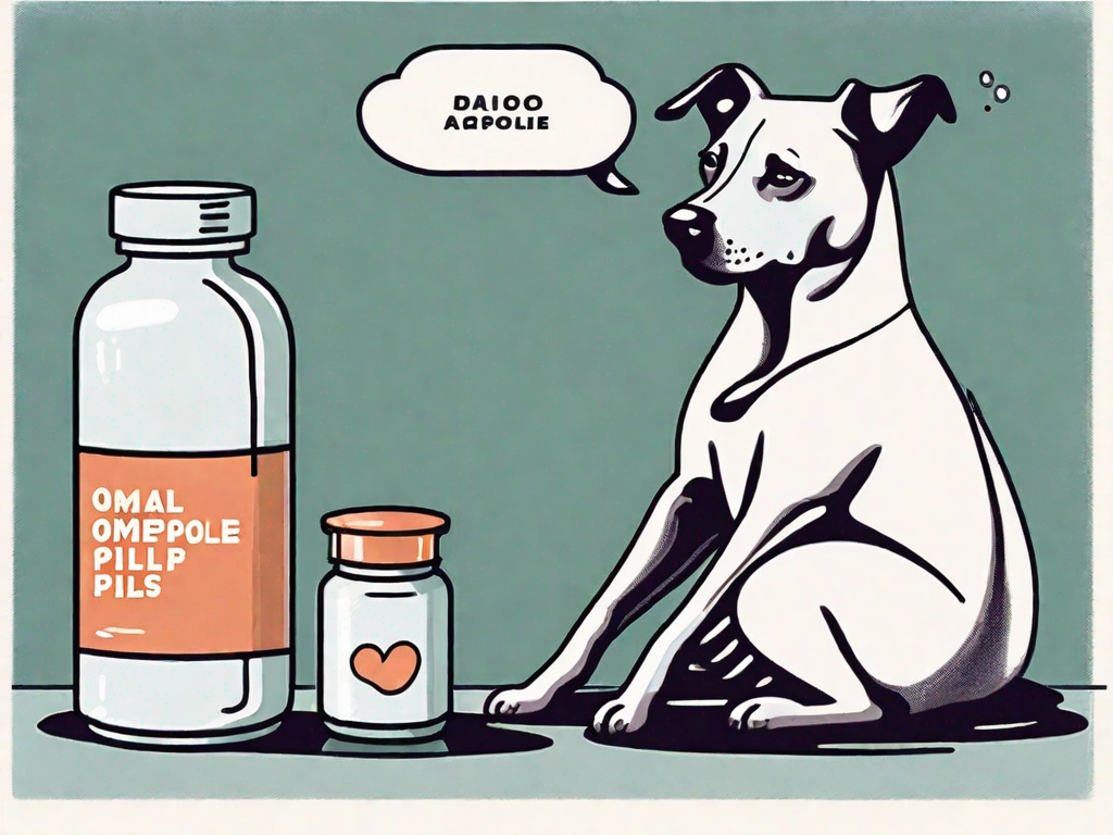 A dog sitting next to a bottle of omeprazole pills