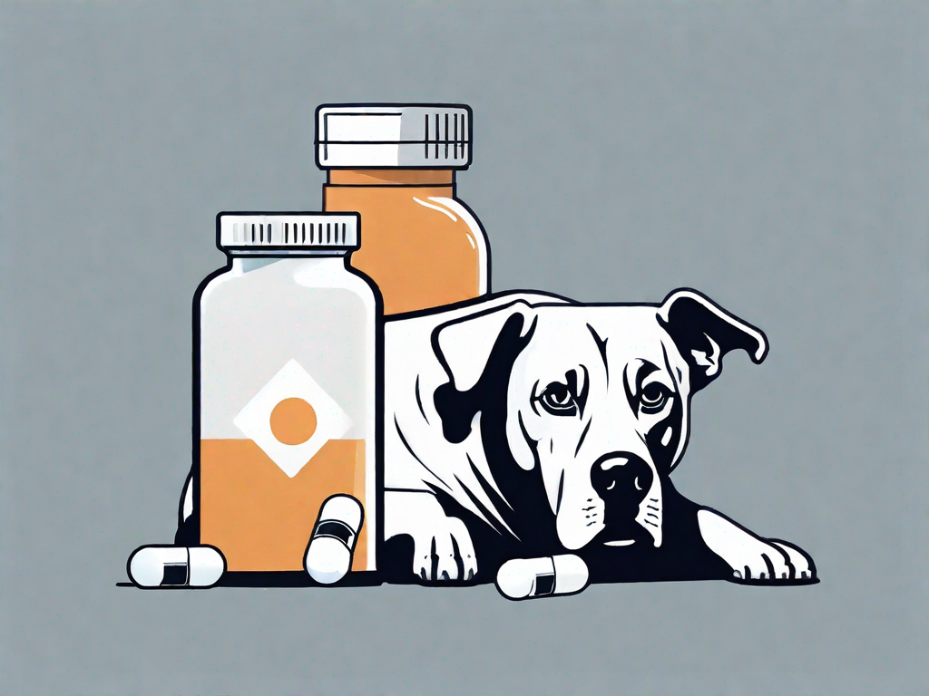 A dog next to a bottle of apoquel pills