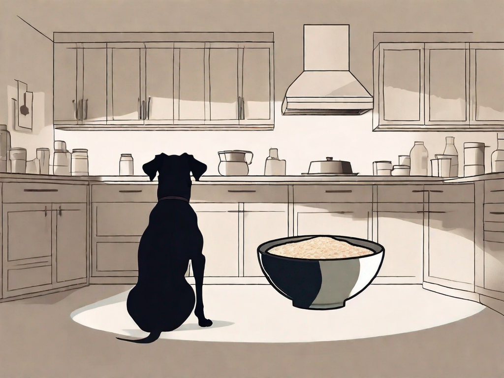 A curious dog sitting next to a bowl of oatmeal