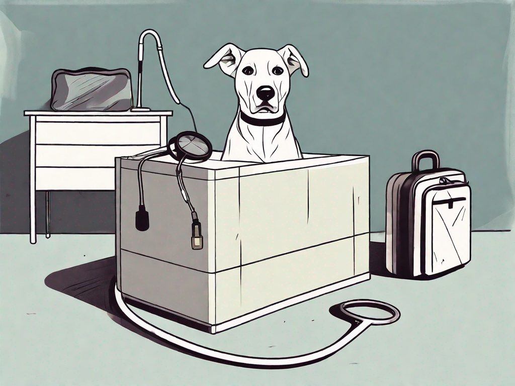 A worried-looking dog hiding under a piece of furniture with a stethoscope and a medical bag subtly placed in the background