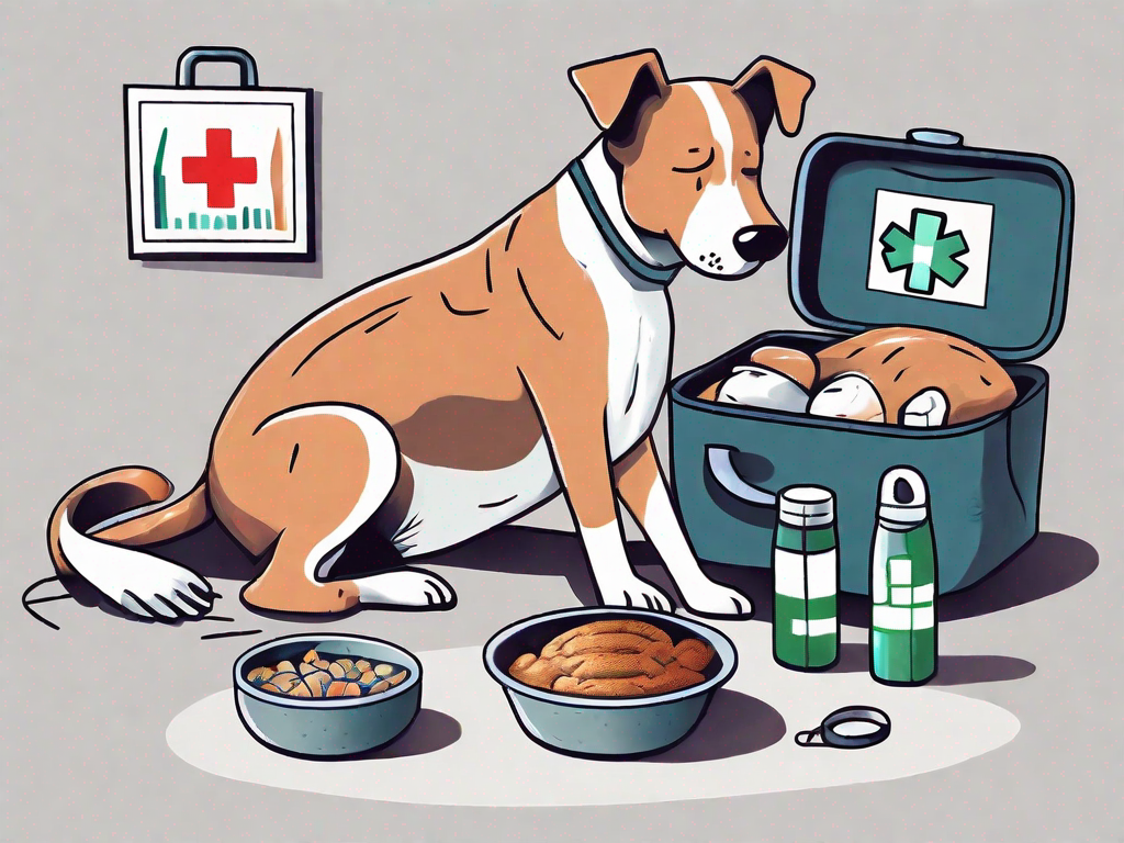 A worried dog shivering with a first aid kit