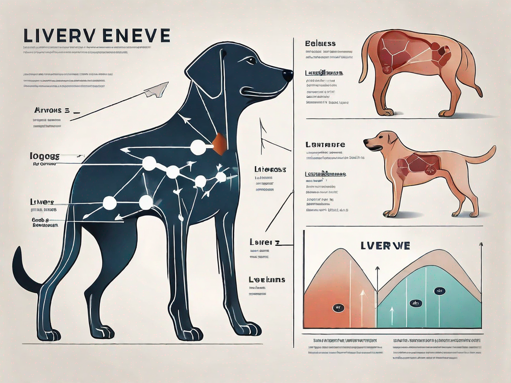 A healthy dog next to a diagram of a dog's liver
