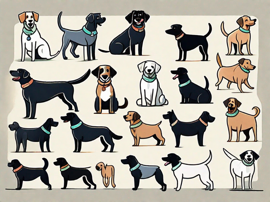 Various breeds of dogs with humorous name tags hanging from their collars