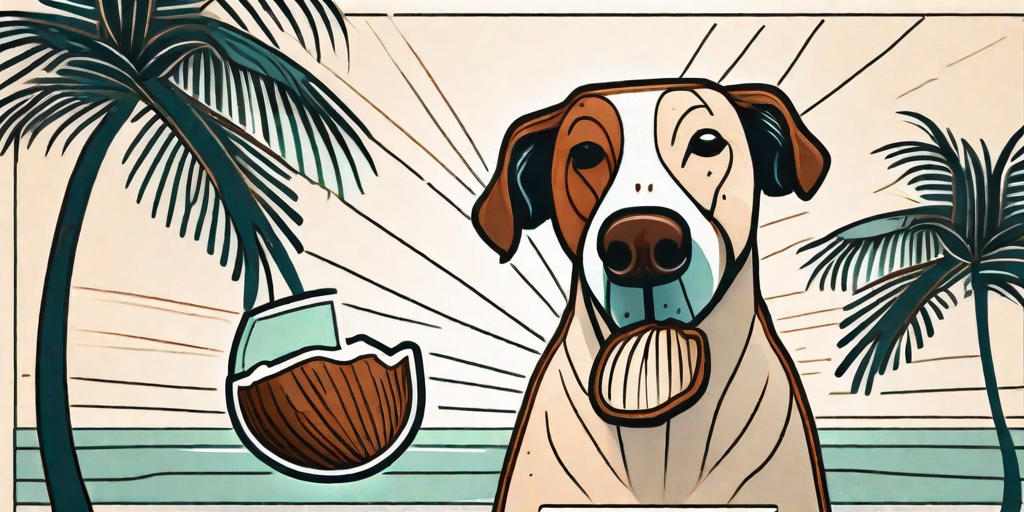 A curious dog sniffing a whole coconut and a half-opened one