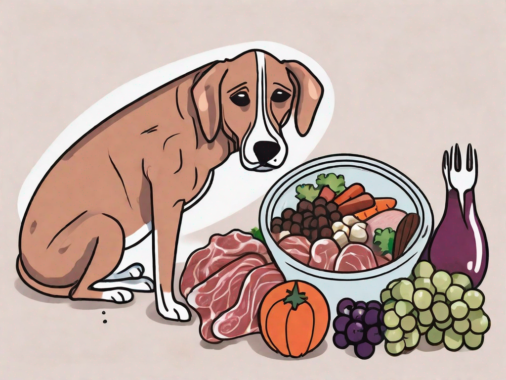 A dog next to a bowl filled with a variety of raw foods