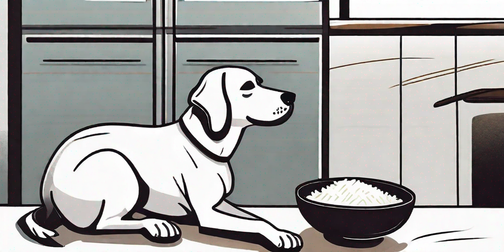 A curious dog sitting next to a bowl of rice