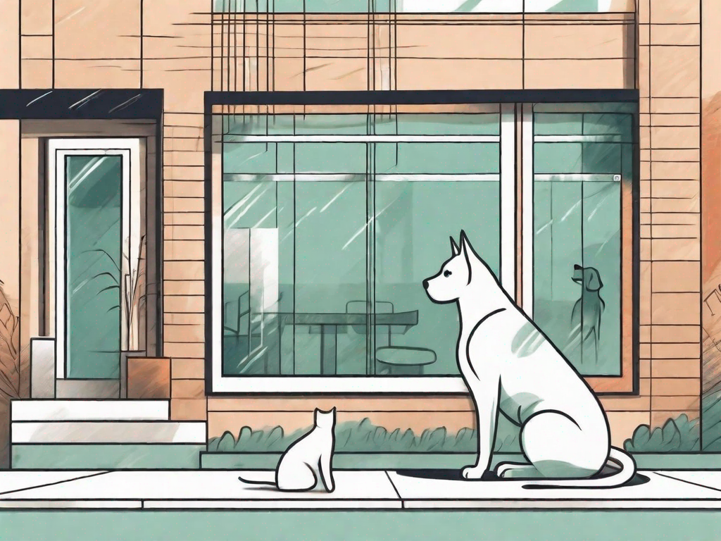 A pet owner's cat and dog looking curiously at a veterinary clinic building