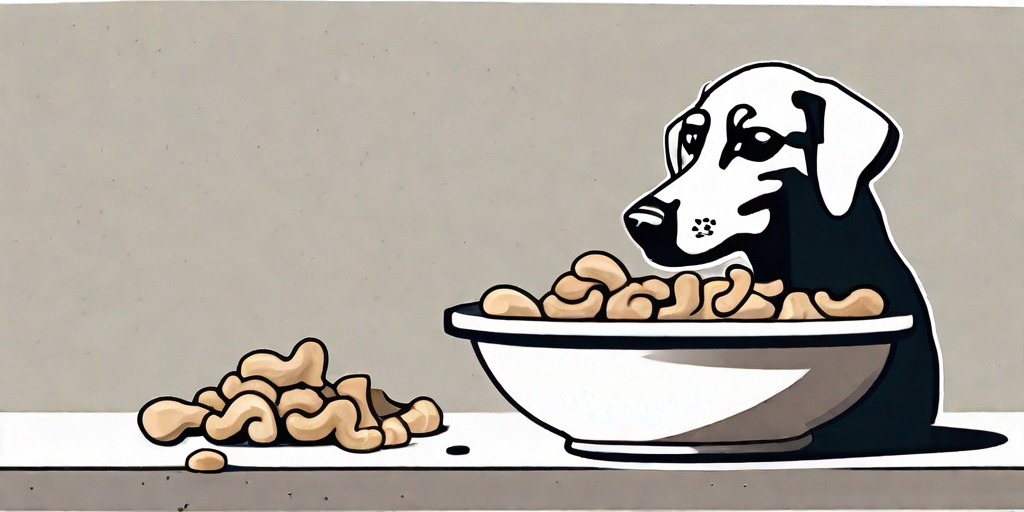 A curious dog sitting next to a bowl of cashews