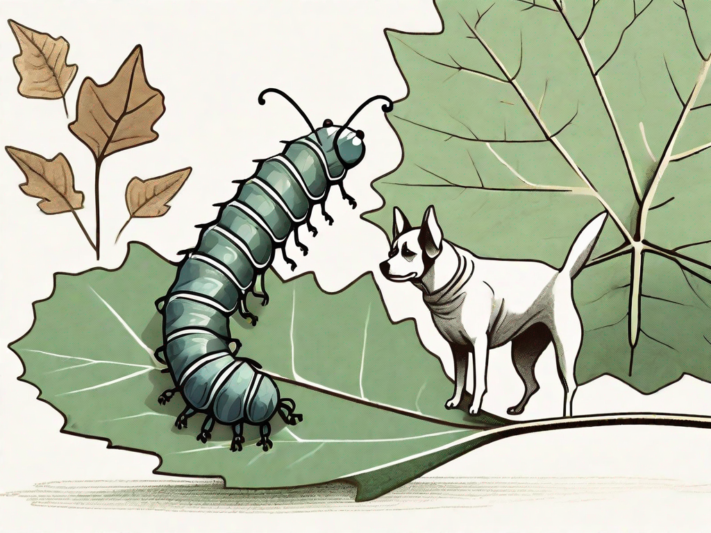 A german eichenprozessionsspinner caterpillar on an oak leaf with a dog observing it from a distance