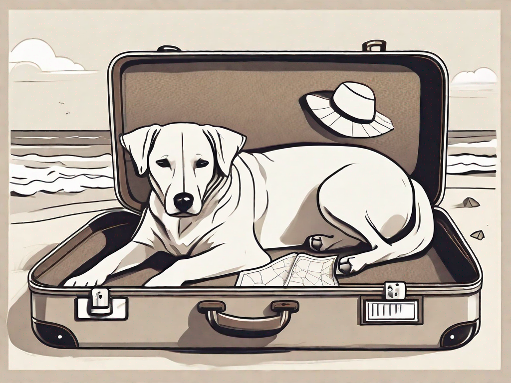 A relaxed dog lounging on a beach with a suitcase