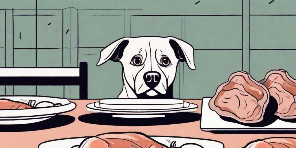 A curious dog sitting in front of a plate of pork chops