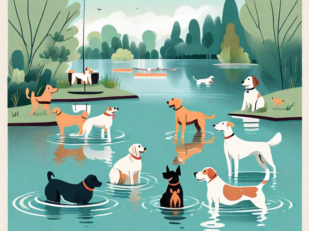 A variety of dogs of different breeds joyfully swimming and playing in a beautiful