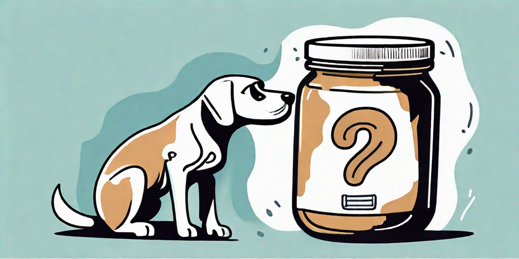 A curious dog sniffing a jar of peanut butter
