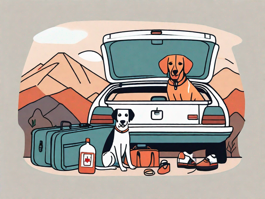 A suitcase open with various dog travel essentials like a leash