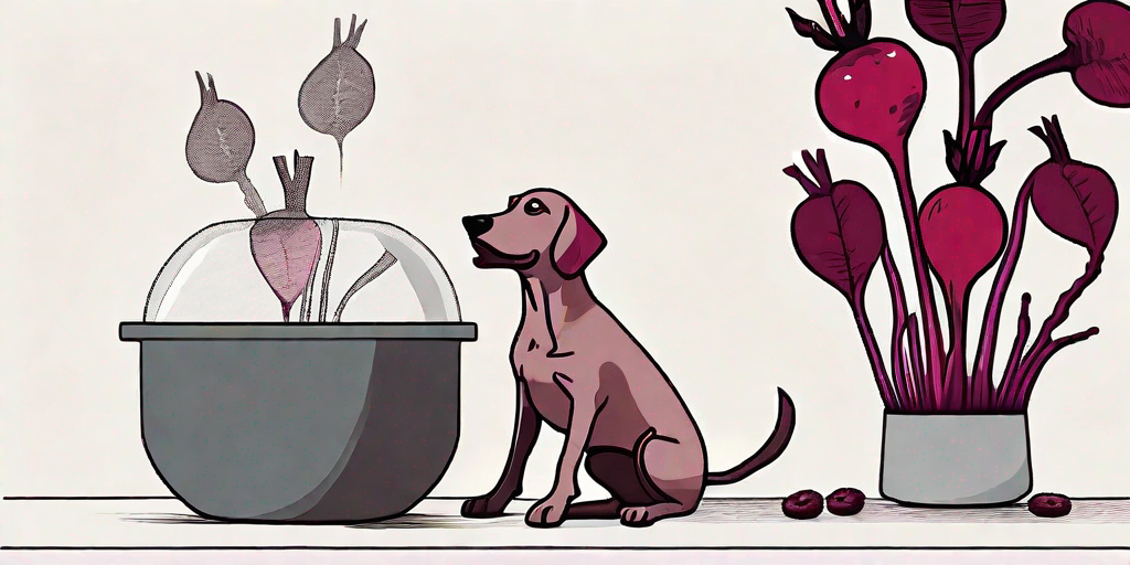 A dog sitting next to a bowl filled with red beets