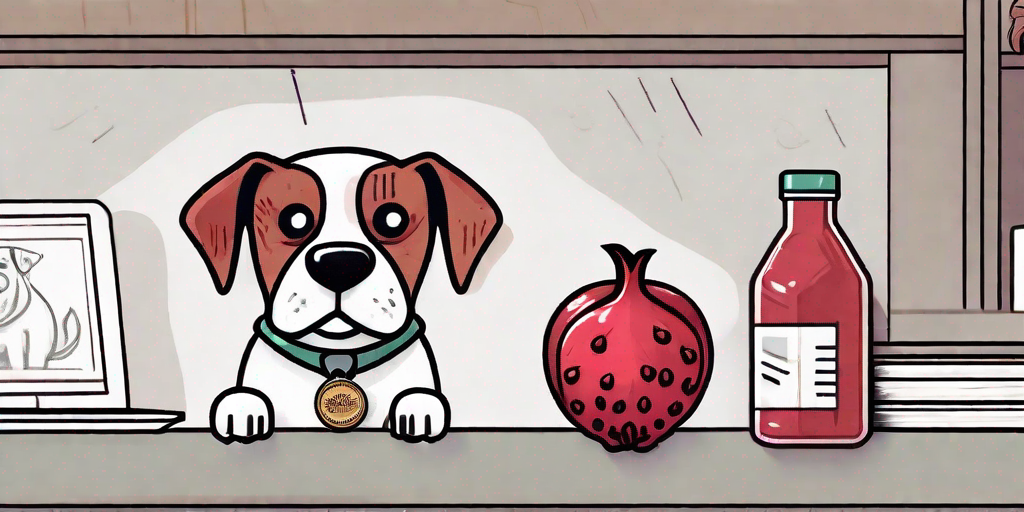 A curious dog looking at a granatapfel (pomegranate) with a safety guidebook and expert badge in the background