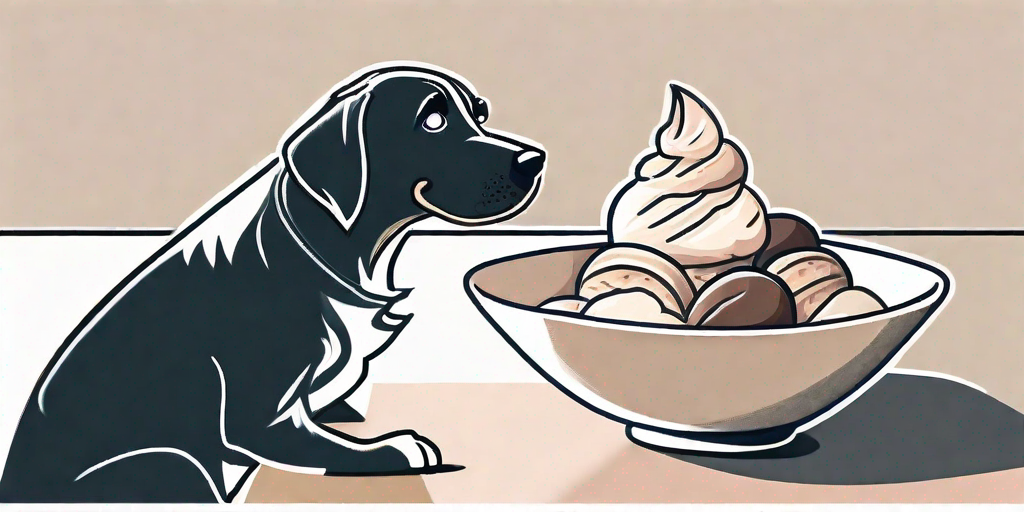 A curious dog looking longingly at a bowl of ice cream placed on a table