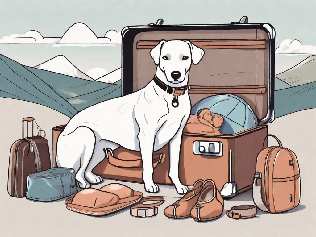 A relaxed dog sitting in an open suitcase surrounded by travel essentials like a leash