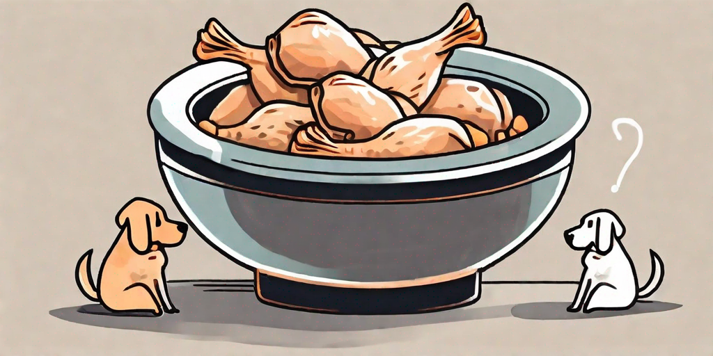A dog sitting in front of a bowl filled with cooked chicken pieces