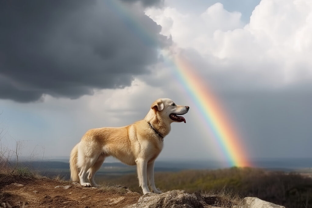 Hund geht zum Regenbogen. Metapher für die Abreise des Haustiers ins Jenseits.